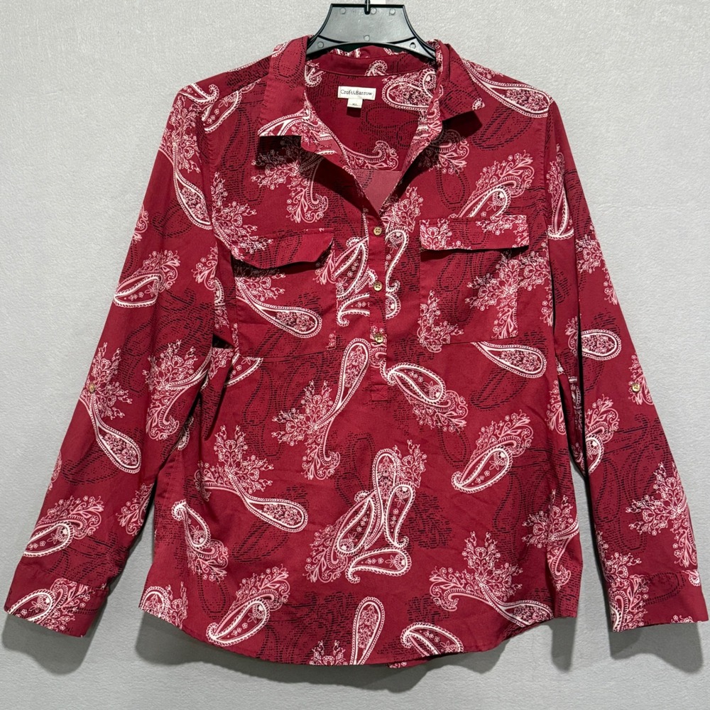 Croft & Barrow Womens XL Red Paisley Roll Tab Sleeve Button Down Blouse Top